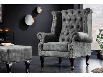 Designové křeslo Chesterfield šedý samet