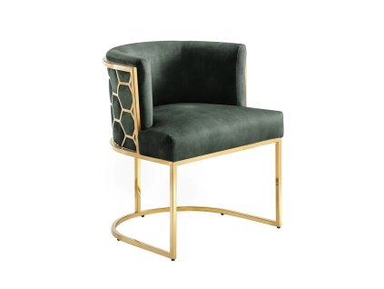 Luxusní art-deco židle Enna Gold se zeleným sametovým sedákem.